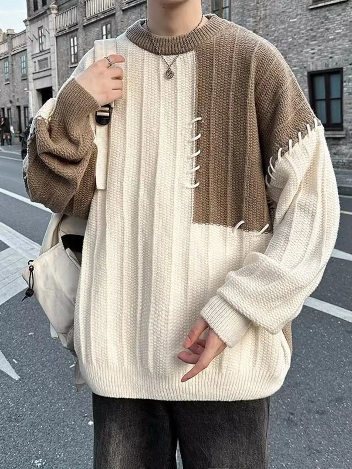 Men's Color Block Round Neck Knitted Pullover