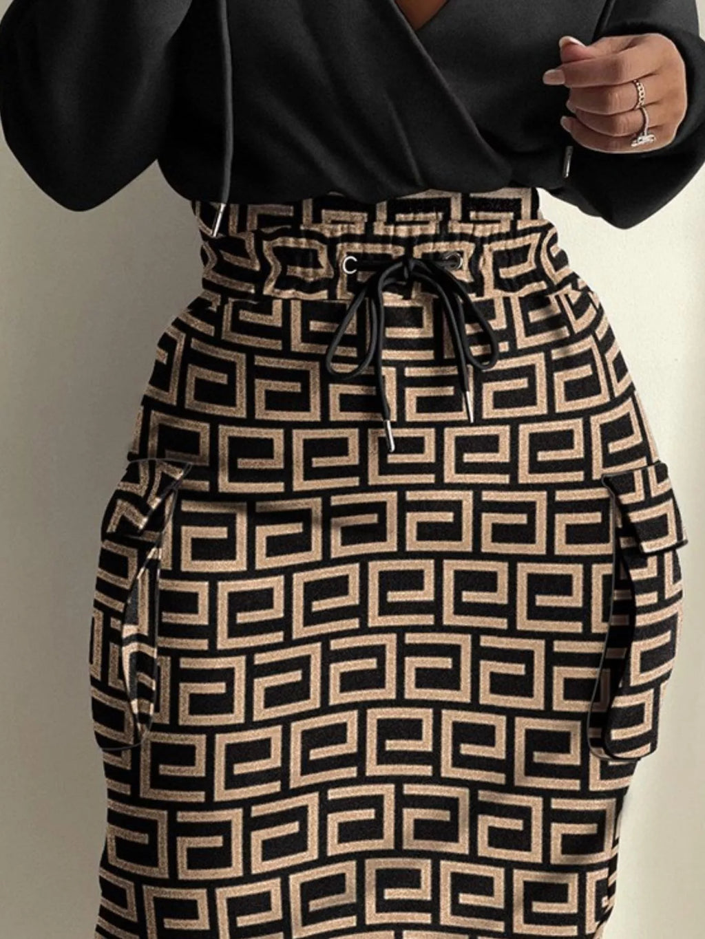 Full Size Drawstring Waist Surplice Printed Dress Plus Size