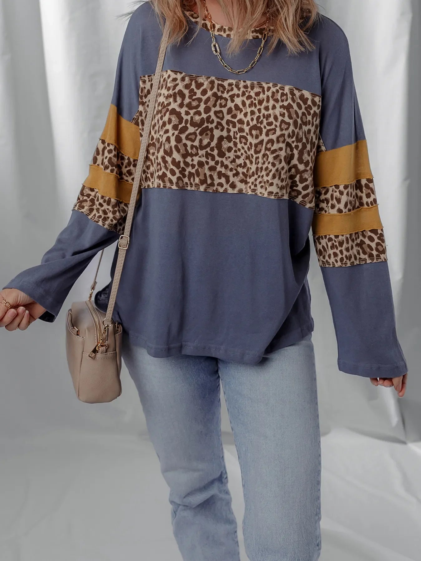 Leopard Color Block Long Sleeve Drop Shoulder Top