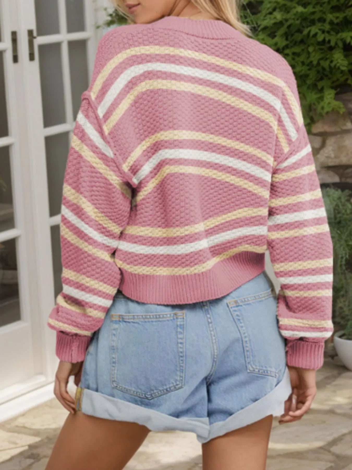 Striped Button-Up Cropped Cardigan with Relaxed Fit