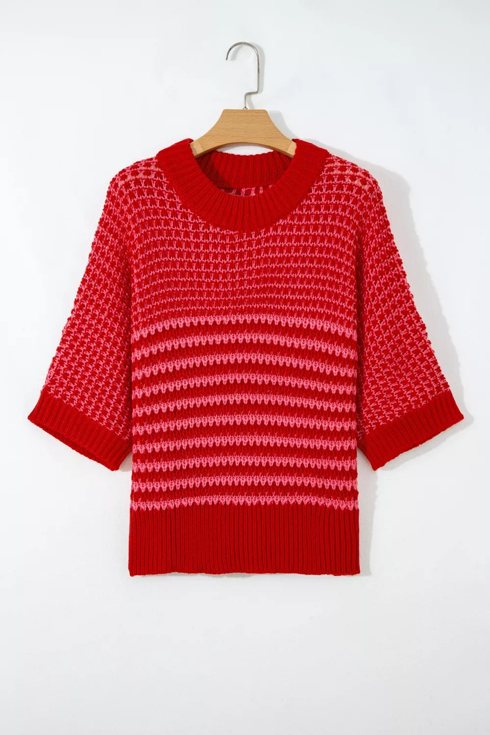 Stripe Wavy Crochet Eyelet Detail Ruffle Half Sleeve Sweater