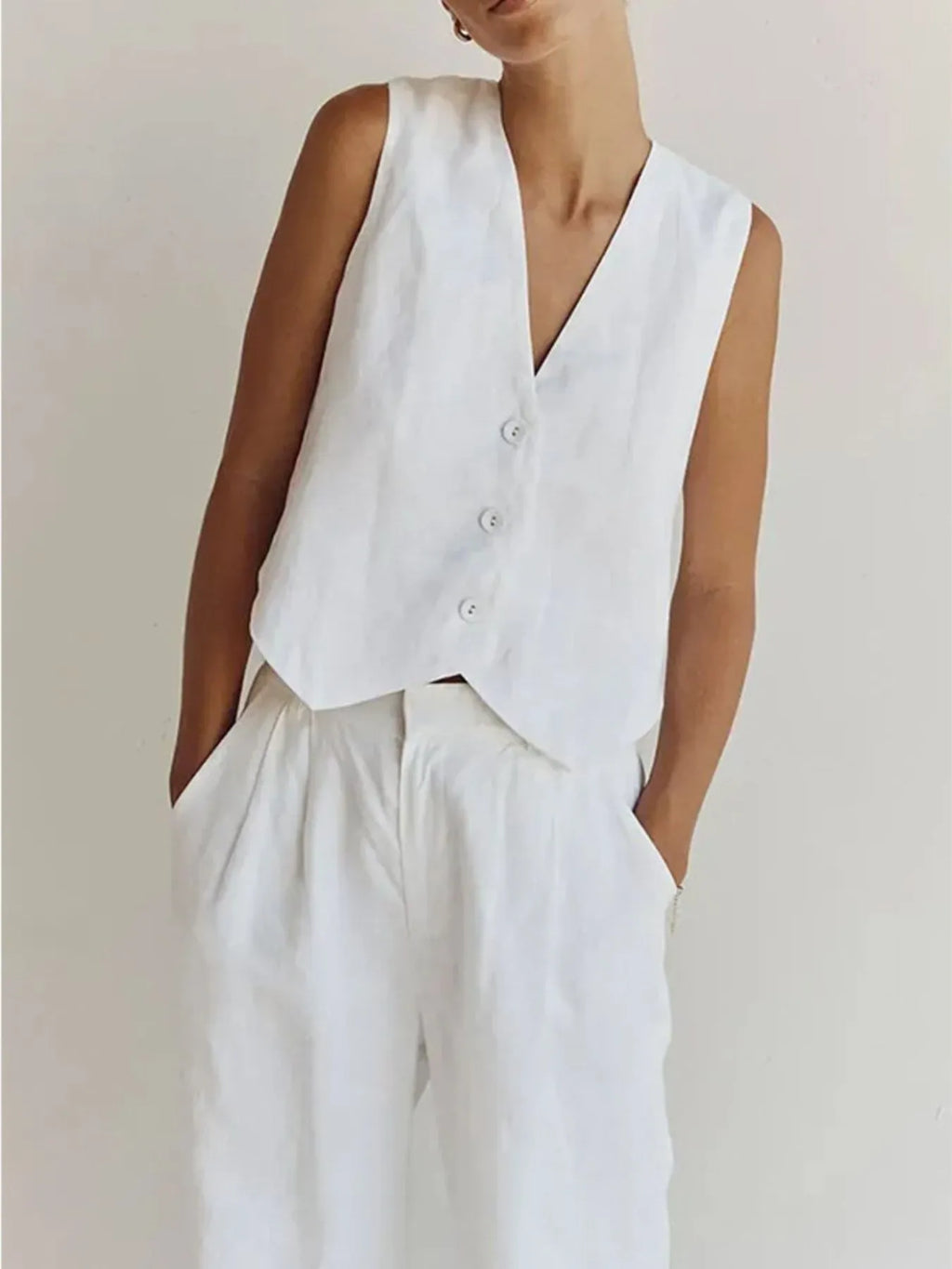 Full Size V-Neck Vest and Wide Leg Pants Set Plus Size