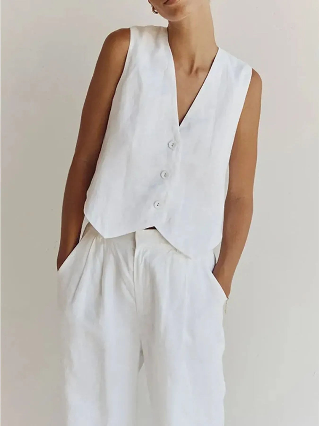 Full Size V-Neck Vest and Wide Leg Pants Set Plus Size