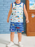 Children's Cartoon Vehicle Print Sleeveless Top & Shorts Set