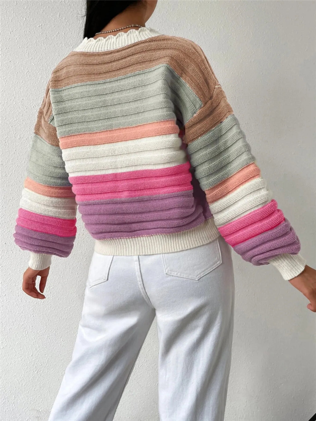 Rainbow Striped Cropped Cardigan with Balloon Sleeves