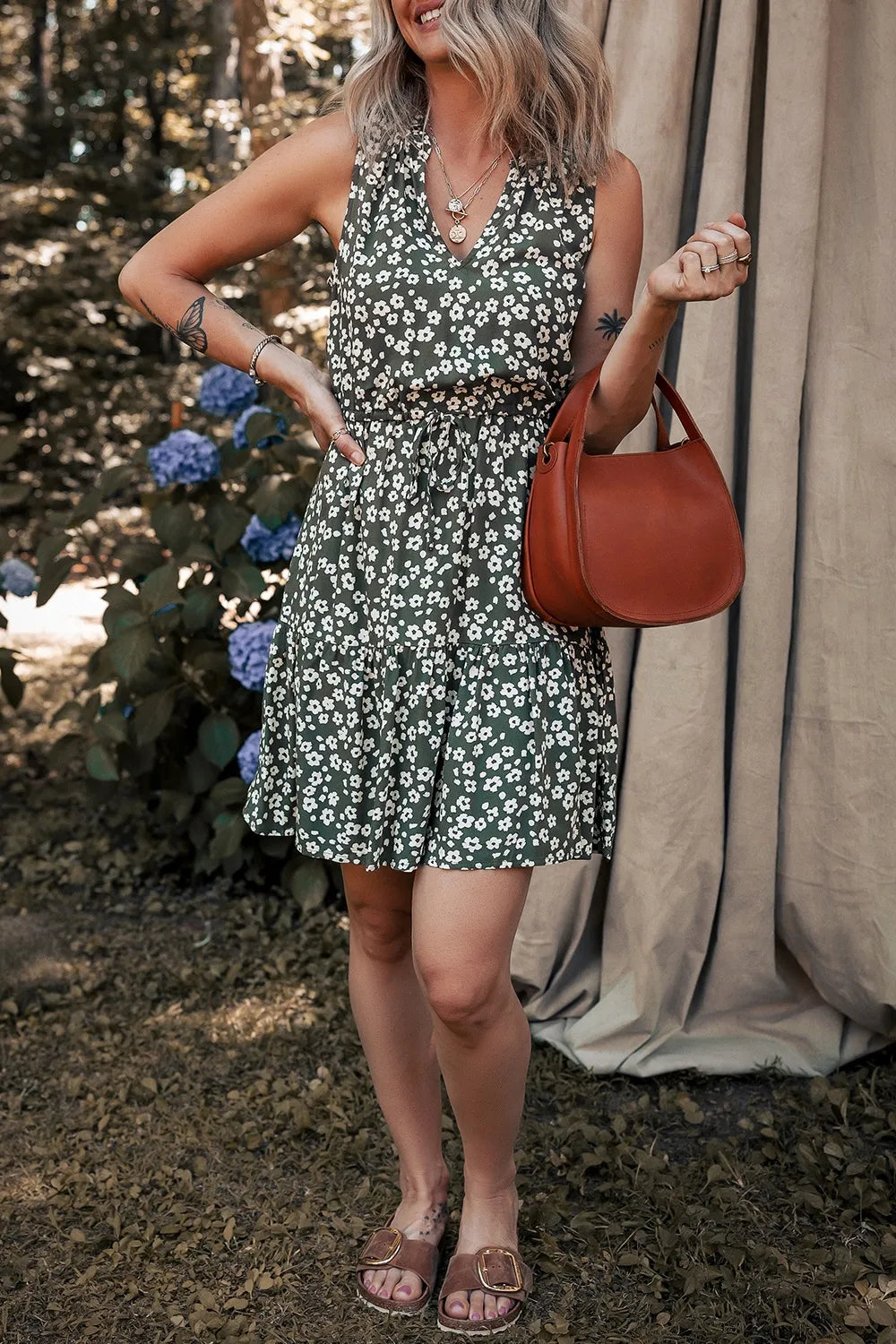 Boho Floral Print V Neck Tunic Sleeveless Dress