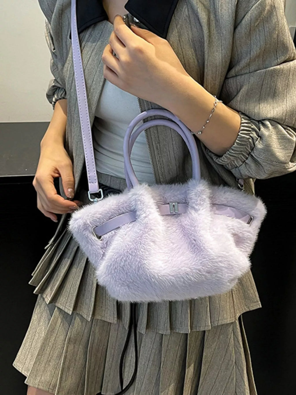 Fluffy Crossbody Bag with Buckle Detail