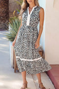 Leopard Print Colorblock Trim Sleeveless Midi Dress