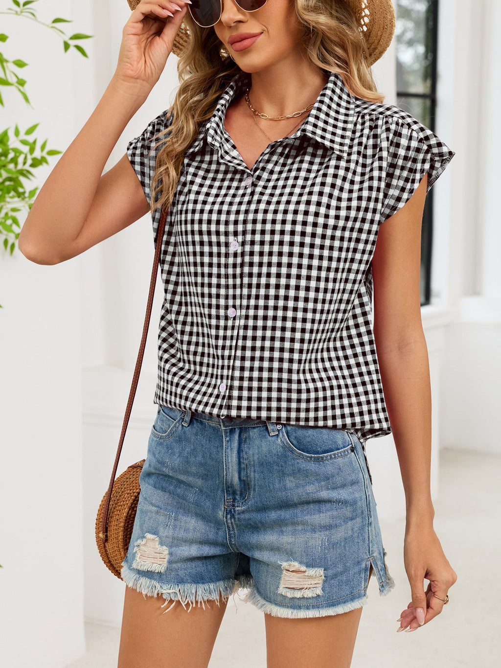 Plaid Button Up Cap Sleeve Shirt