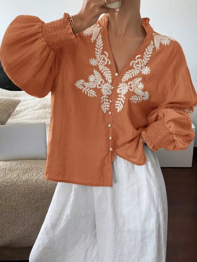 Embroidered Notched Long Sleeve Blouse