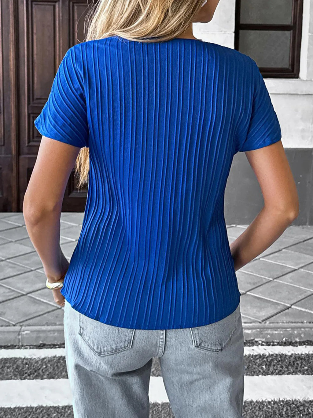 Textured Notched Short Sleeve Blouse