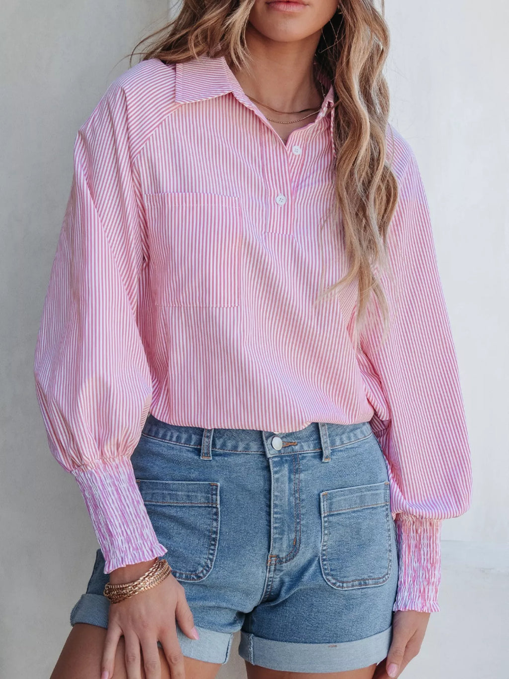 Pinstripe Long Sleeve Smocked Cuffs Button Shirt Collar Blouse
