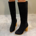 Point Toe Knee-High Suede Block Heel Boots
