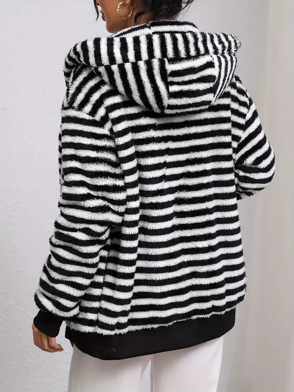 Striped Plush Zip-Up Hooded Outerwear