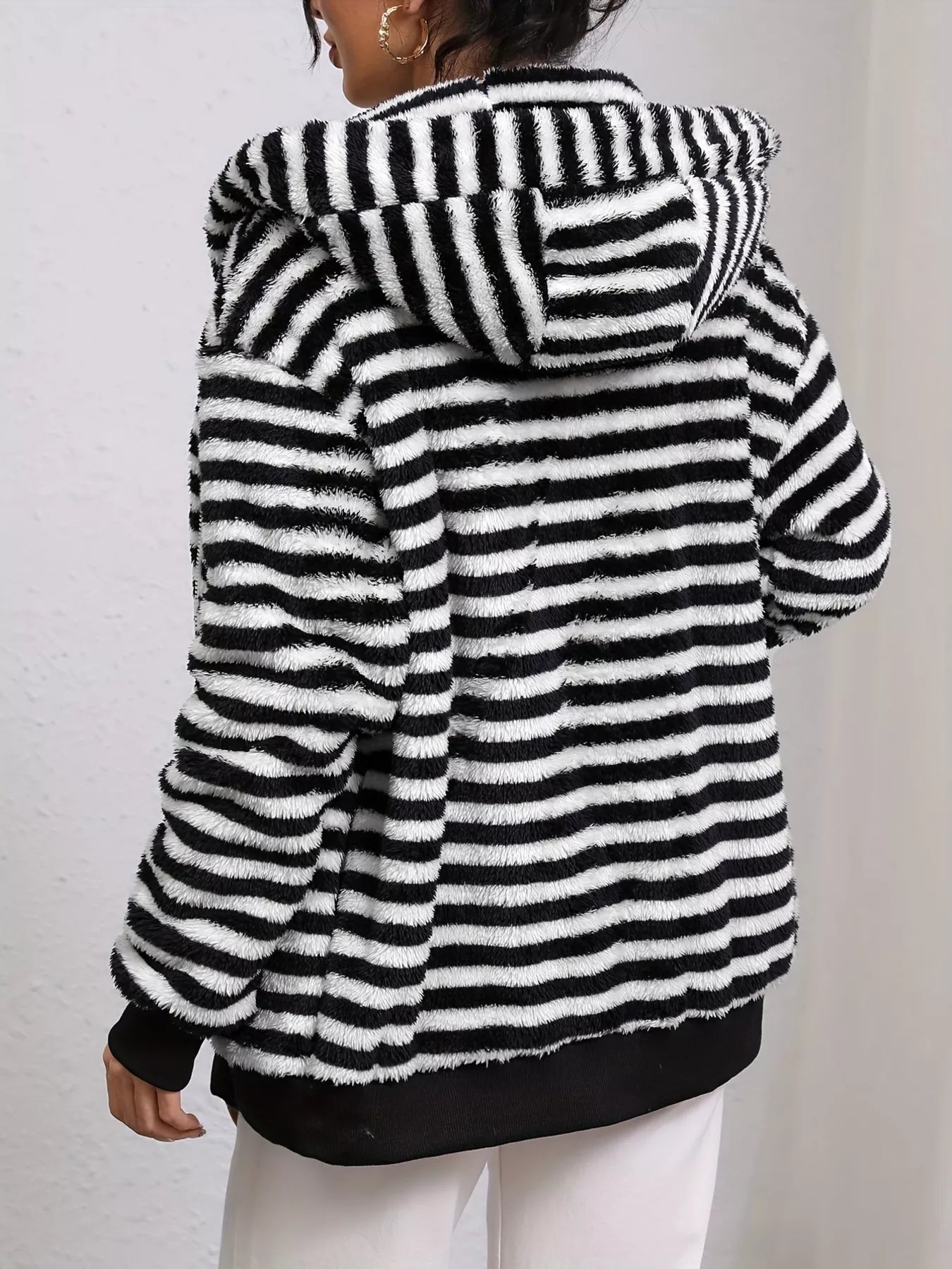 Striped Plush Zip-Up Hooded Outerwear