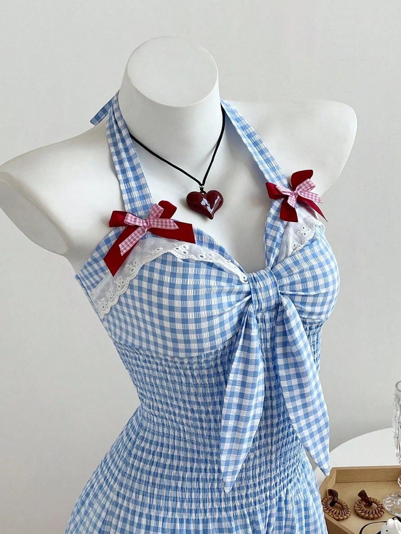 Gingham Bowknot Halter Neck Romper