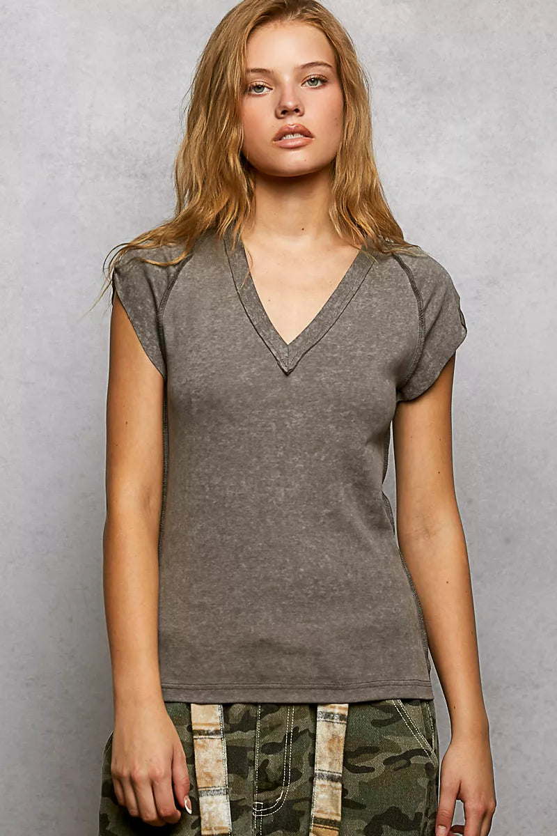 POL V-Neck Short Sleeve Washed T-Shirt with Outseam