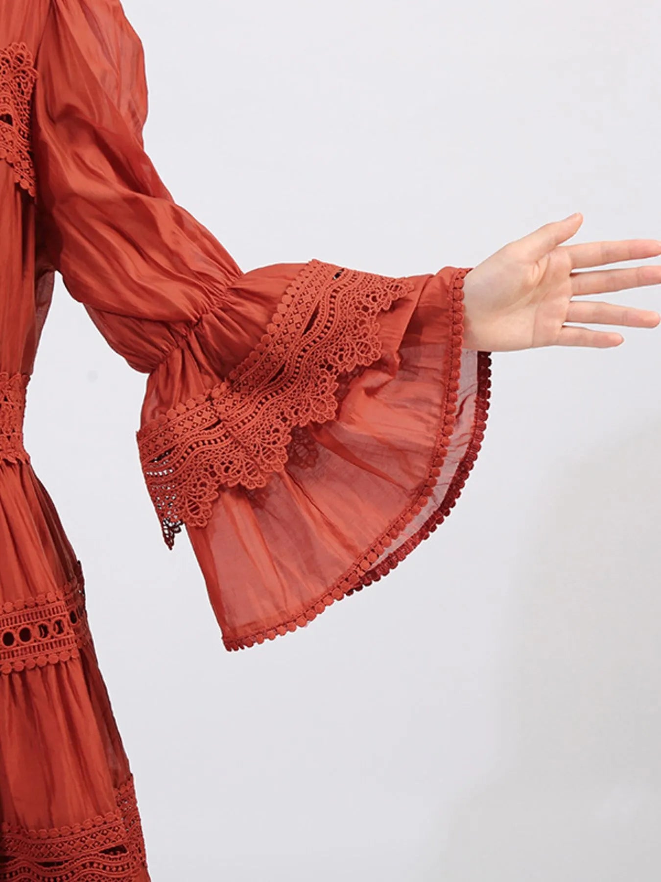 Ruffle Lace Trim Long Sleeve Dress