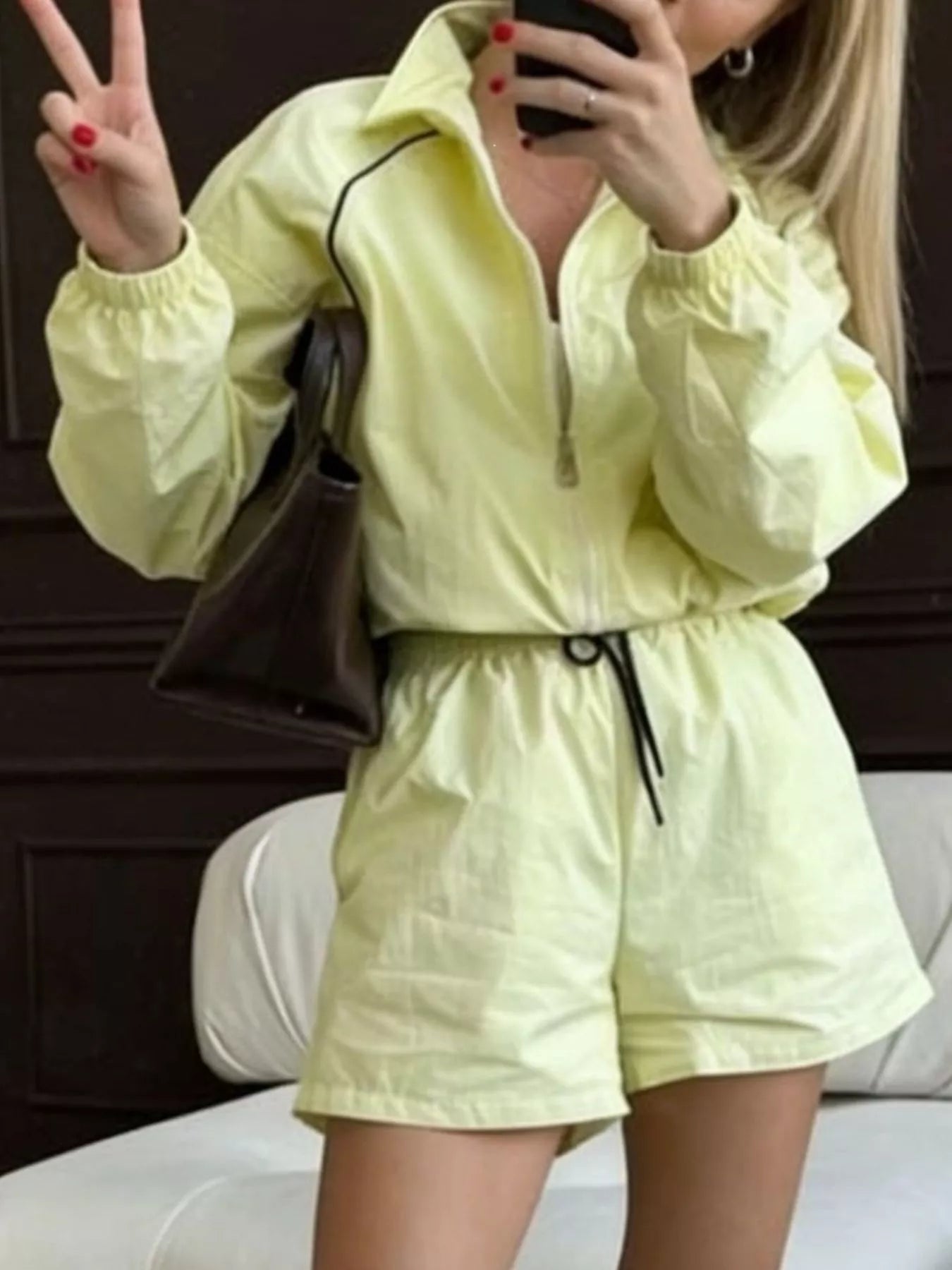 Zip Up Long Sleeve Outerwear and Shorts Set