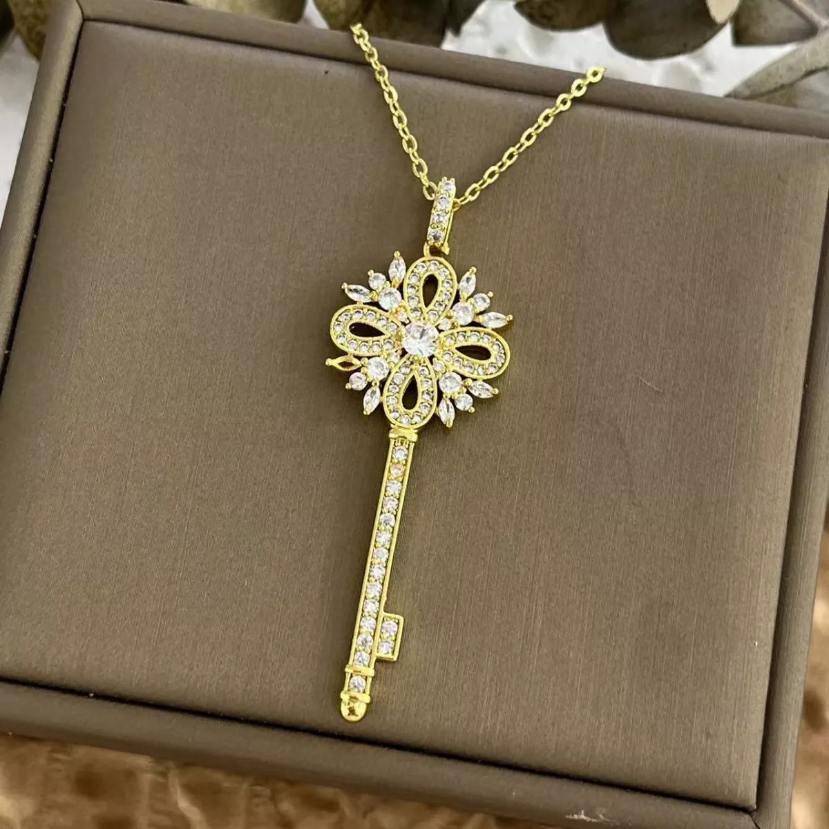 18K Gold-Plated Zircon Key Pendant Necklace