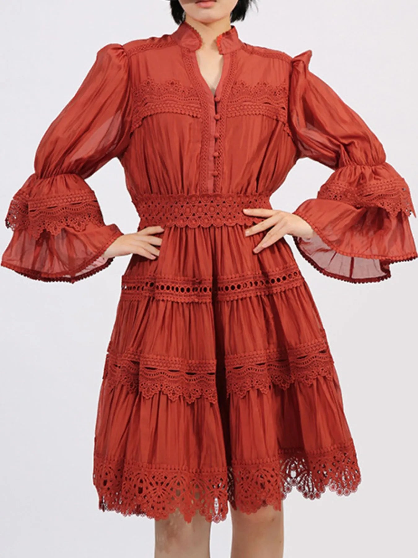 Ruffle Lace Trim Long Sleeve Dress