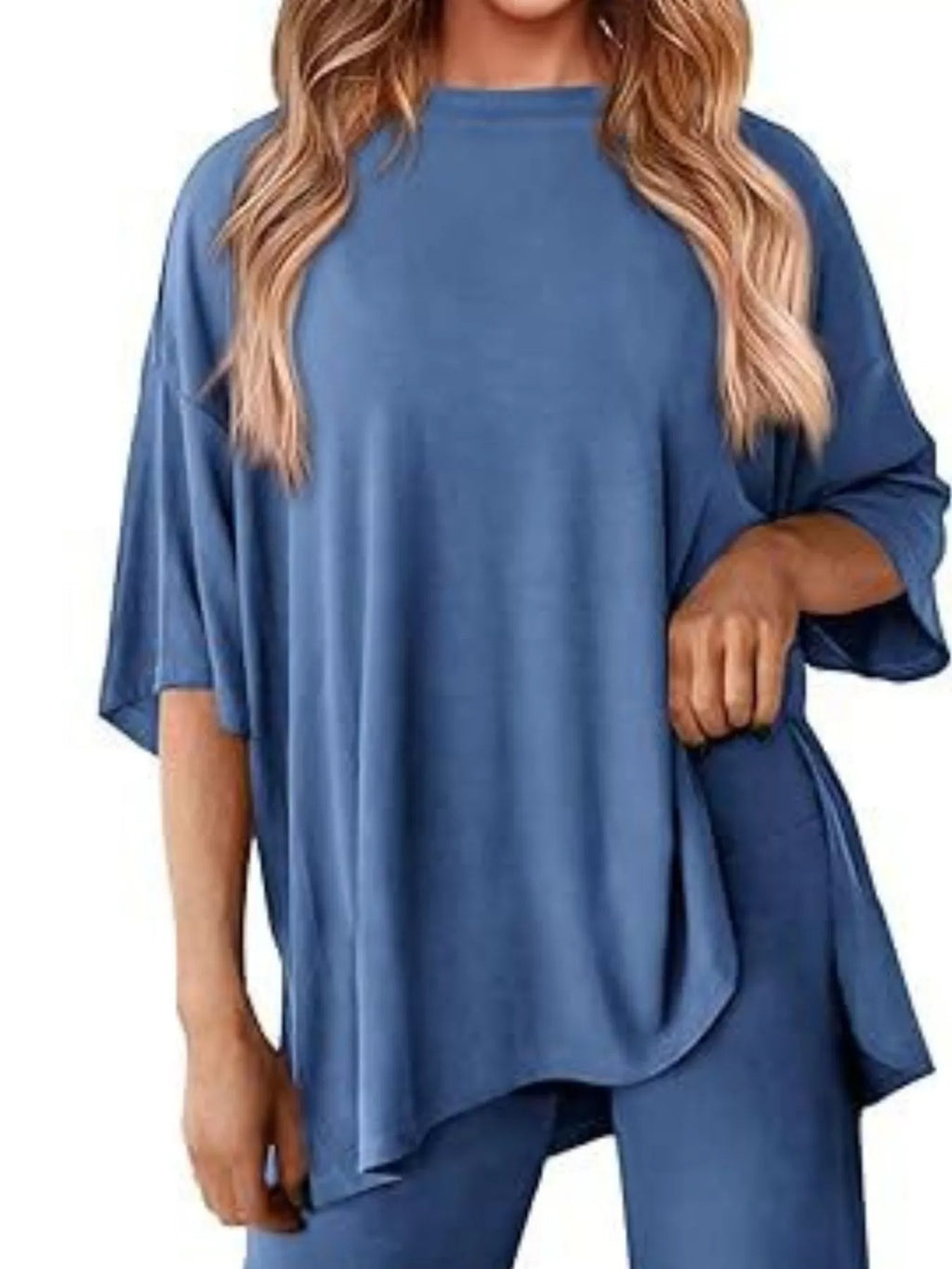 Slit Round Neck Top and Pants Set