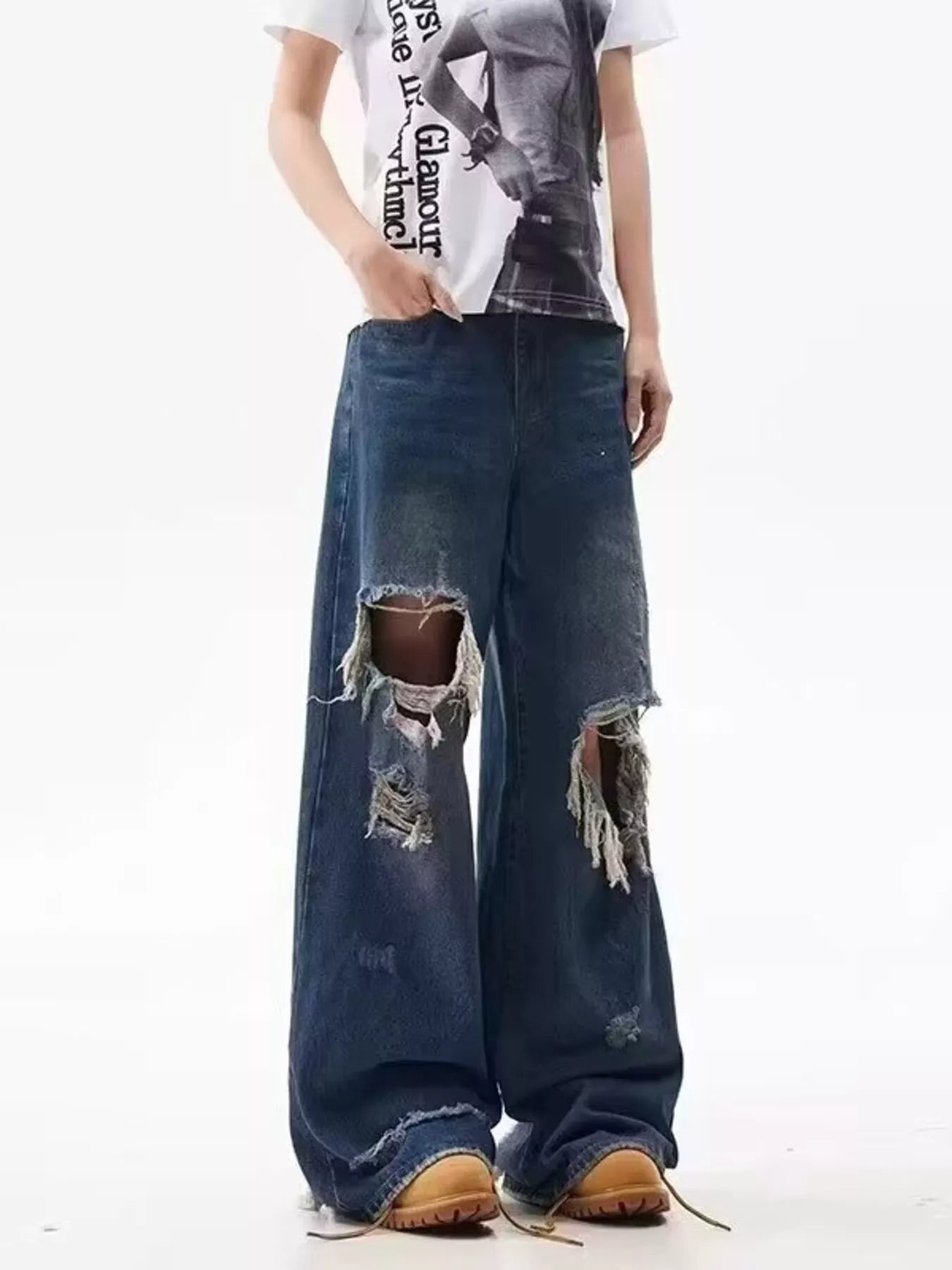 Men's Full Size Distressed Wide Leg Jeans Plus Size