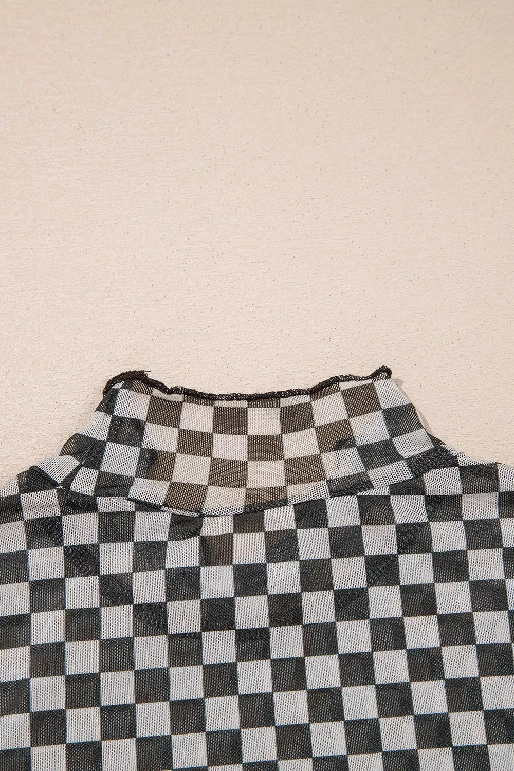 Plaid Stand Neck Long Sleeve Mesh Top