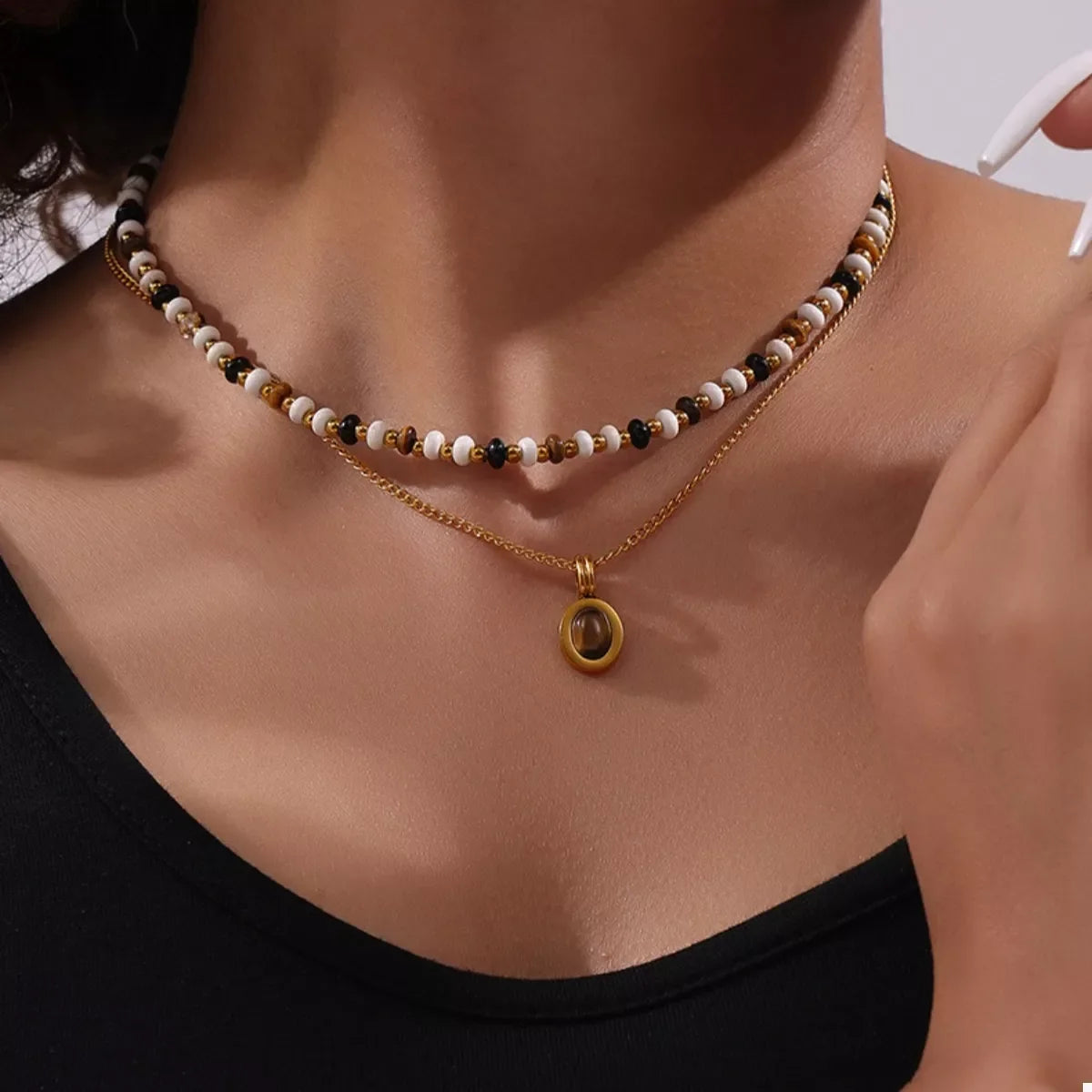 2 Piece Natural Stone and Gold Chain Necklace with Pendant