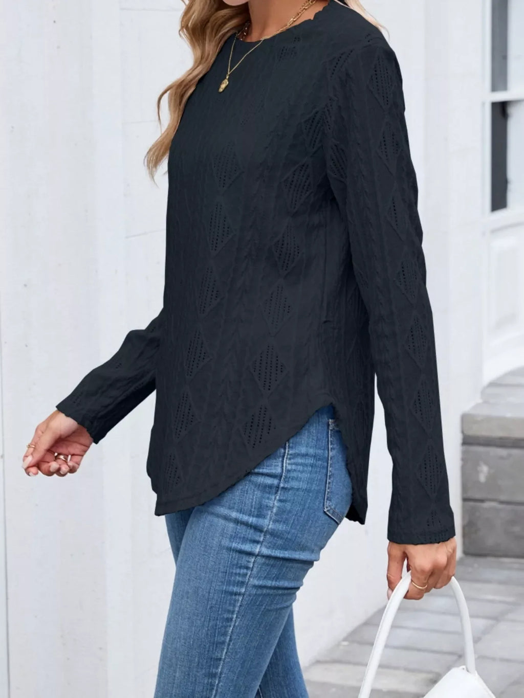 Diamond Pattern Knit Long Sleeve T-Shirt
