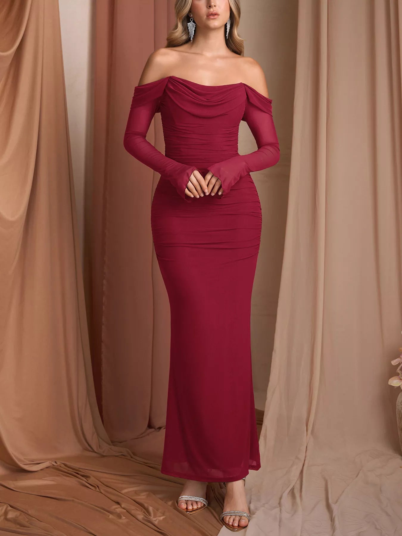 Off-Shoulder Ruched Mermaid Maxi Dress