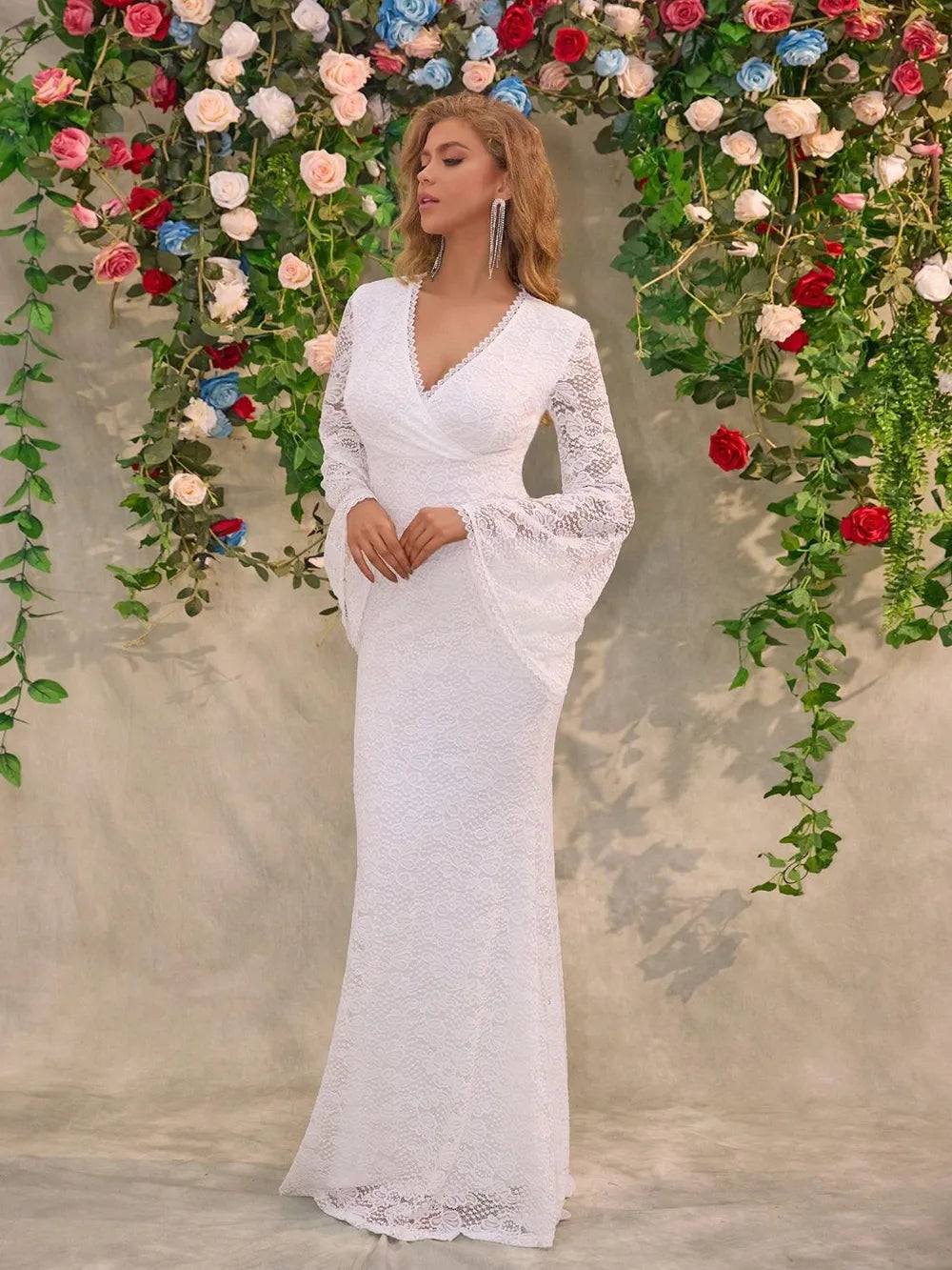 Lace Surplice Flare Sleeve Maxi Dress