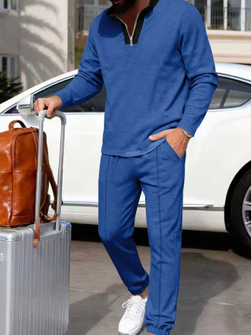 Men's Plus Size Casual Zipper Neck Long Sleeve Top and Pants Set