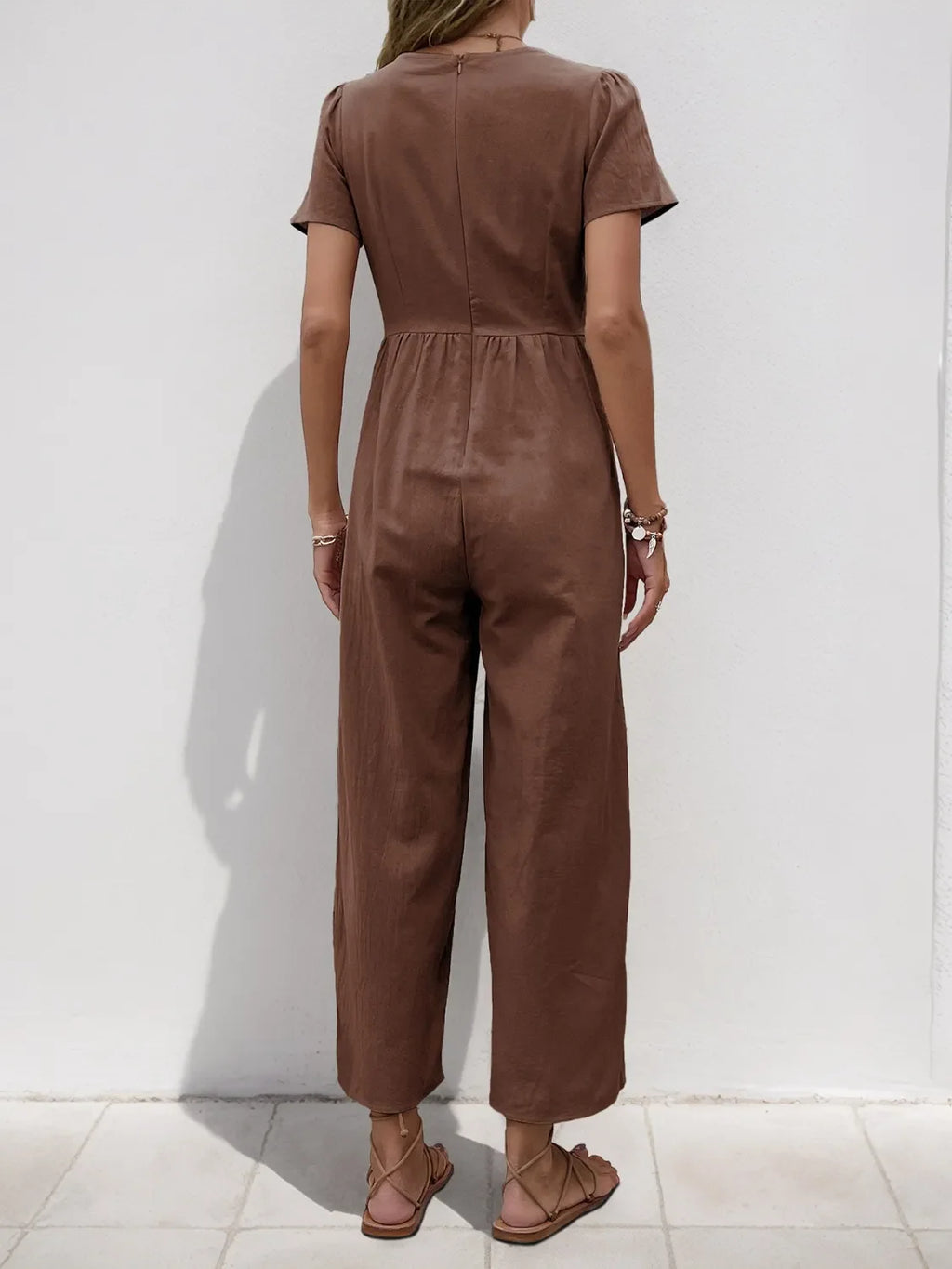 V-Neck Short Sleeve Wide Leg Jumpsuit