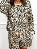 Leopard Print Contrast Trim Long Sleeve Pullover and Drawstring Shorts 2pcs Outfit