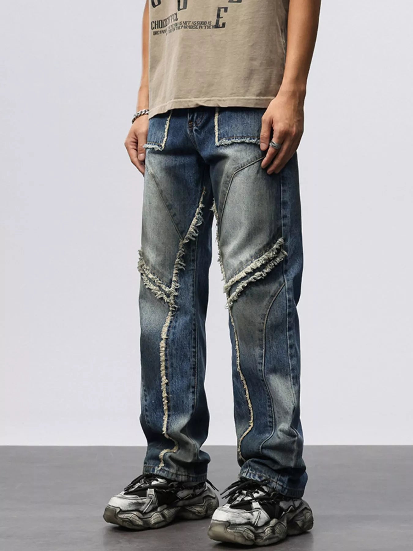 Men's Frayed Hem Wide Leg Jeans