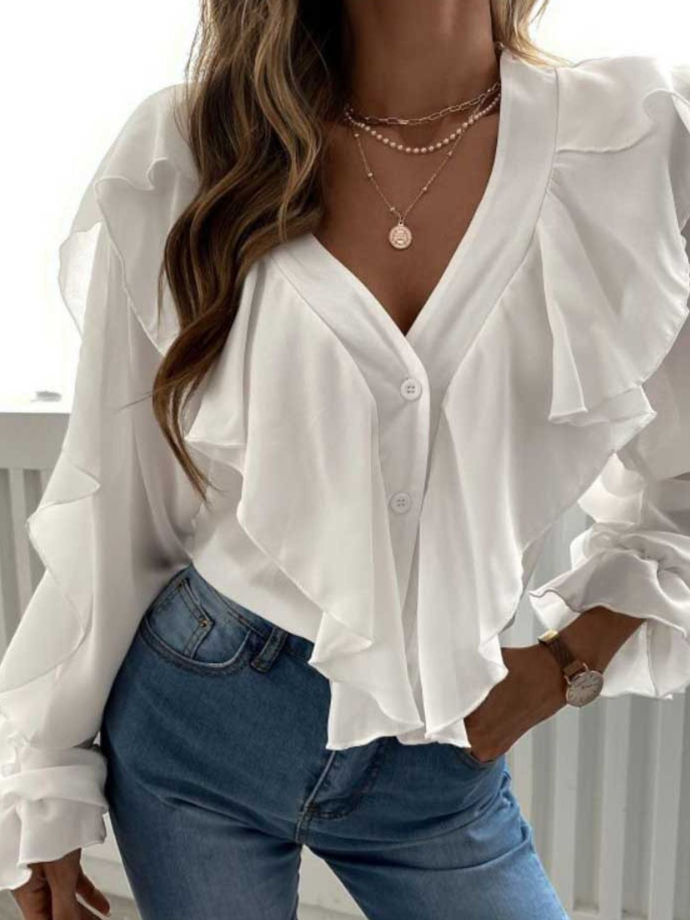 Full Size Ruffle Trim V-Neck Shirt Plus Size