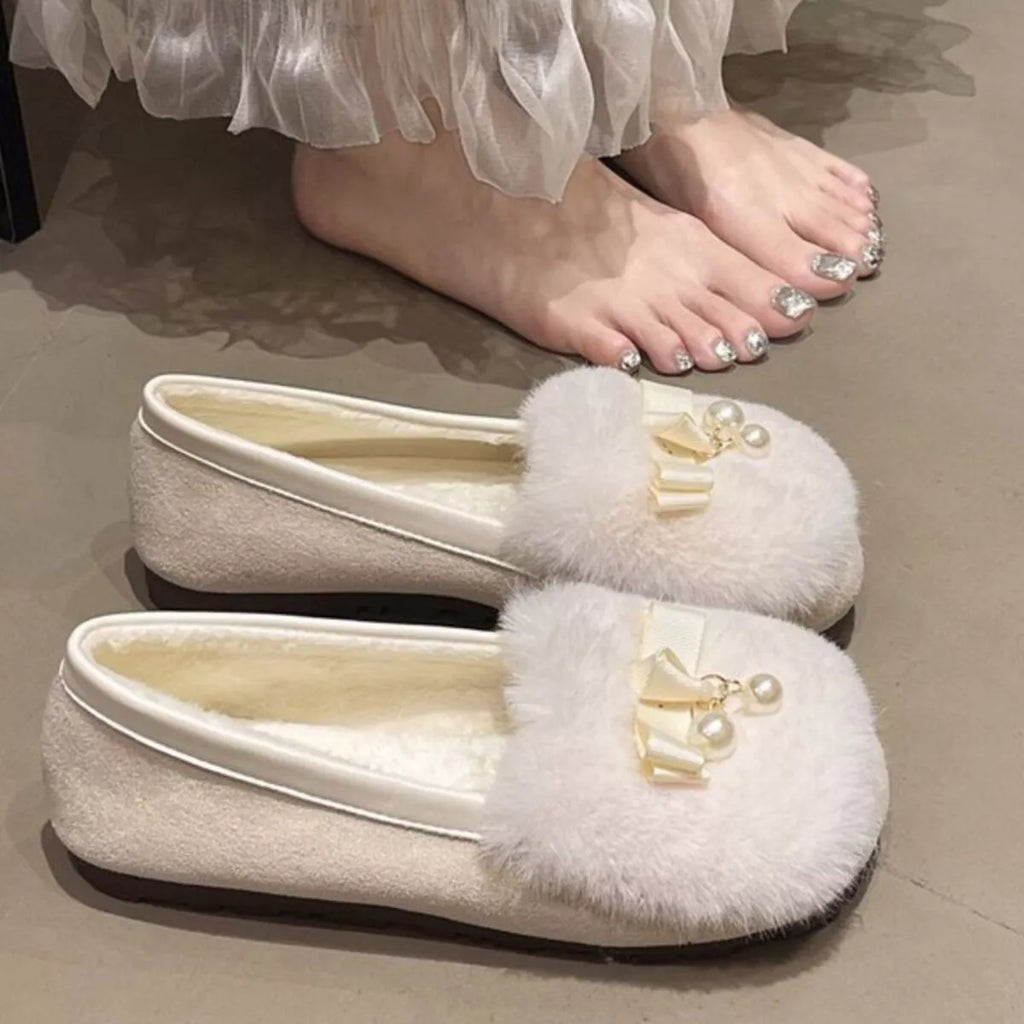 Fuzzy Pearl Bowknot Slip-Ons