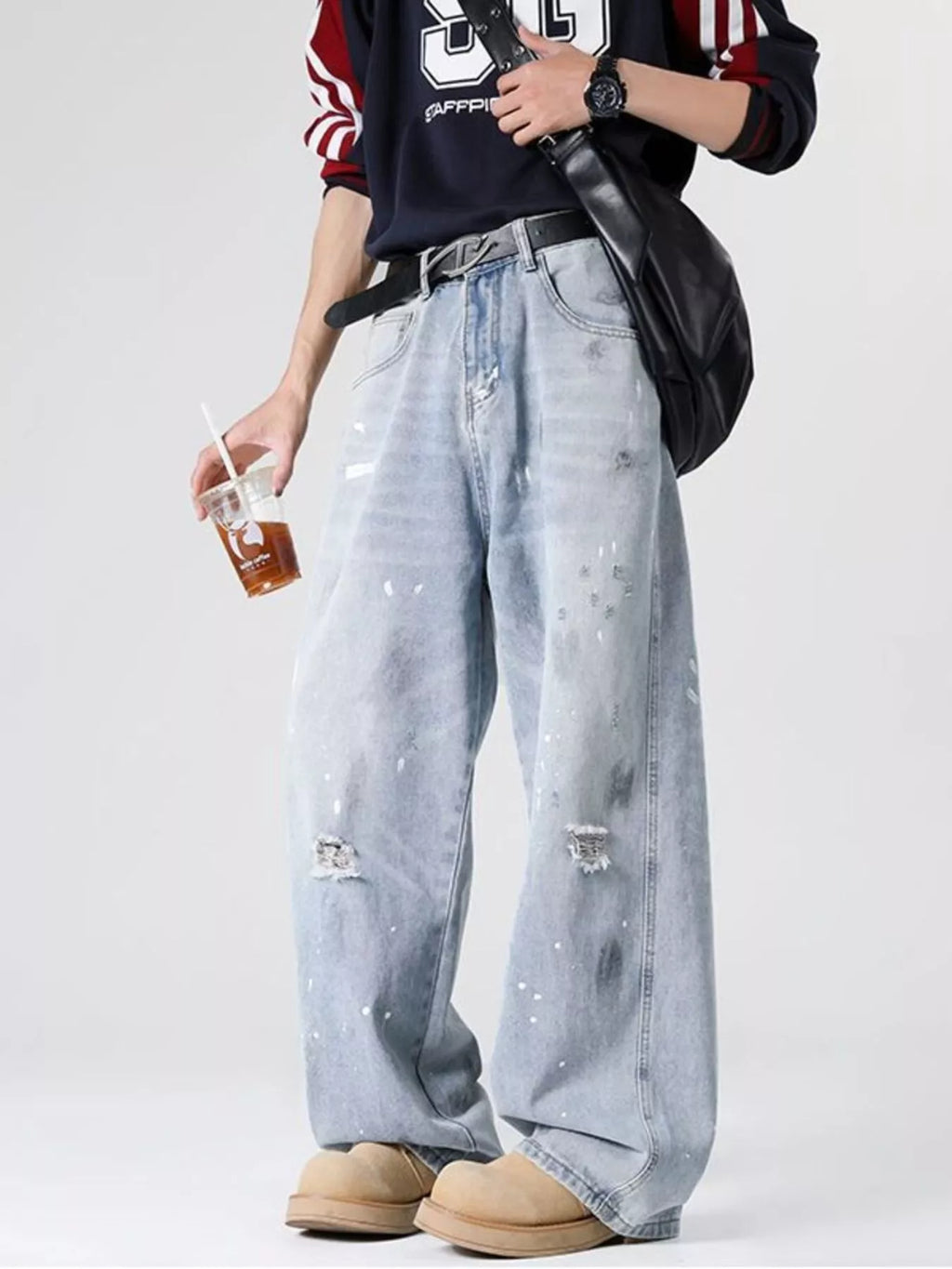 Men's Full Size Distressed Wide Leg Jeans Plus Size