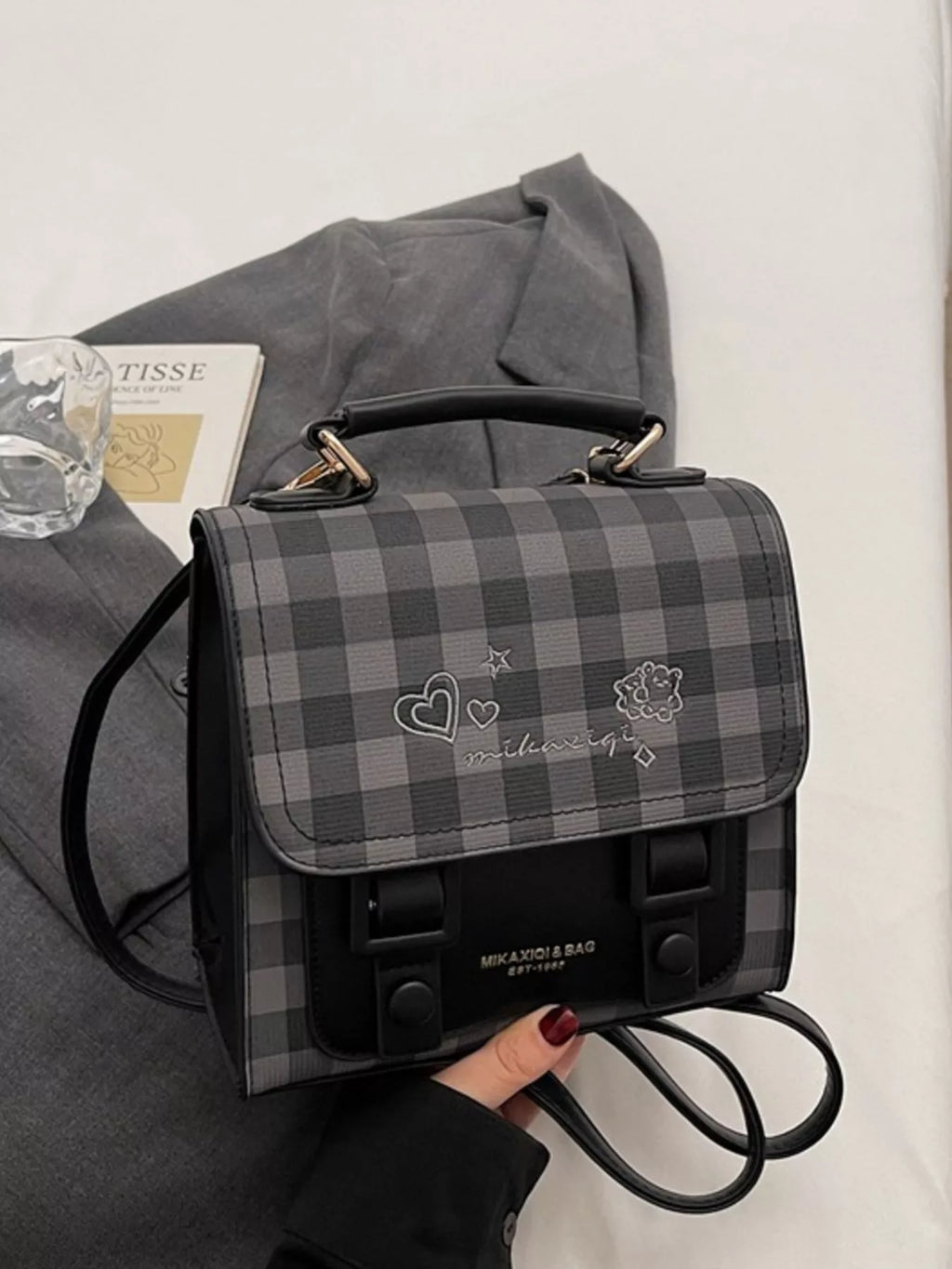 Plaid Pattern Embroidered Flap Backpack Bag
