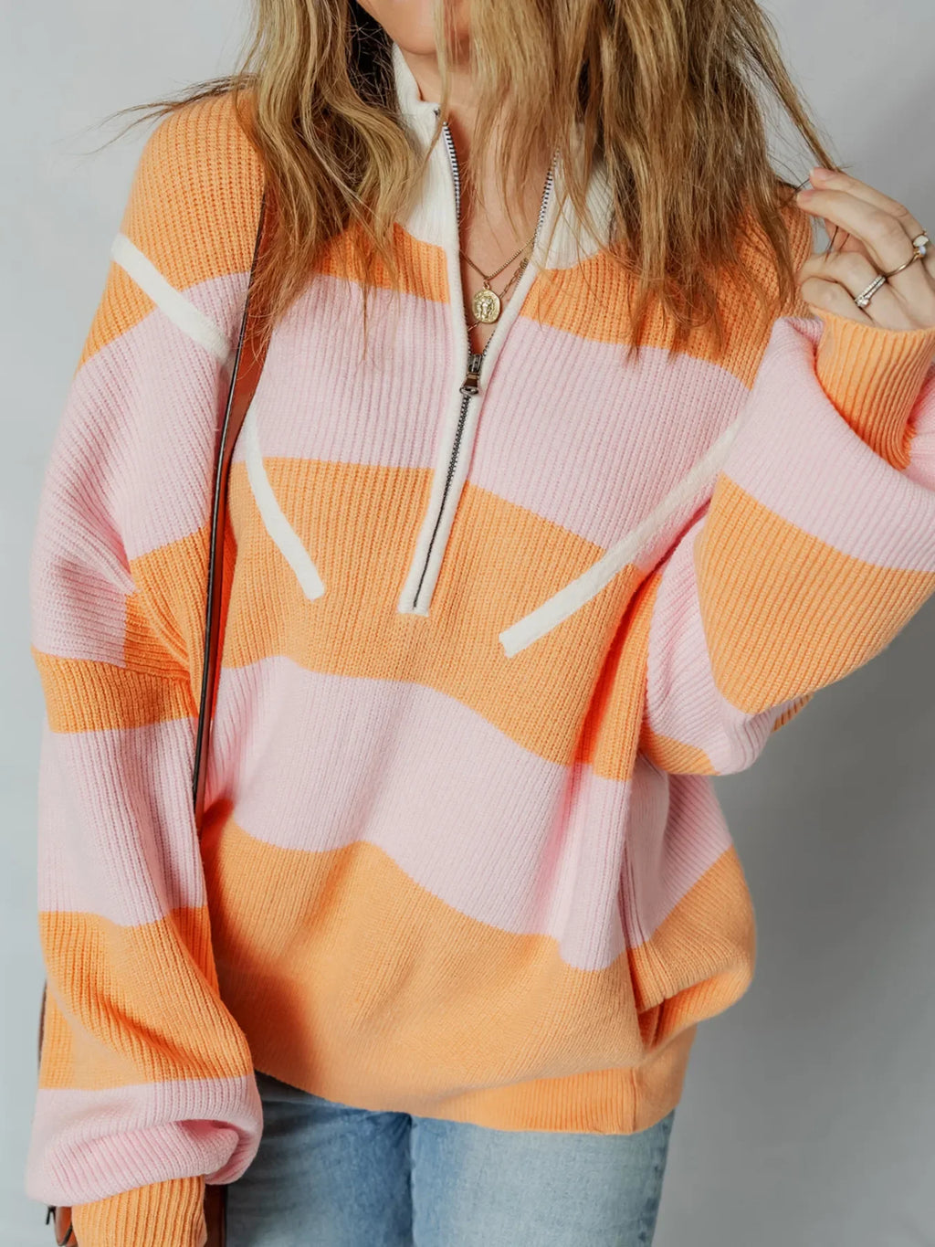 Stripe Color Block Half Zip Oversize Sweater