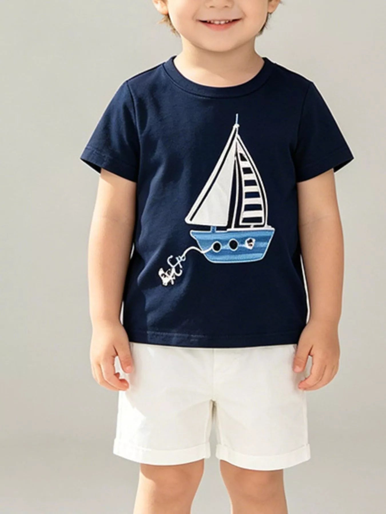 Children's Sailboat Graphic Round Neck T-Shirt
