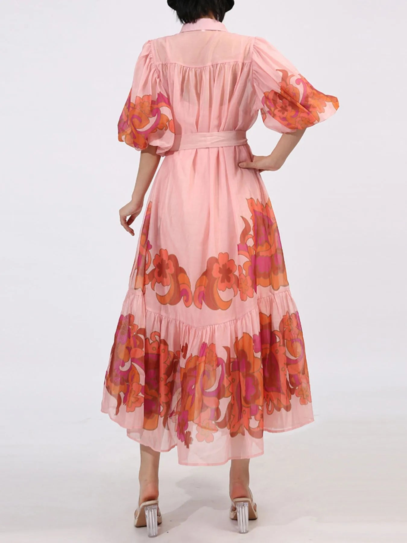 Button Front Puff Sleeve Dress