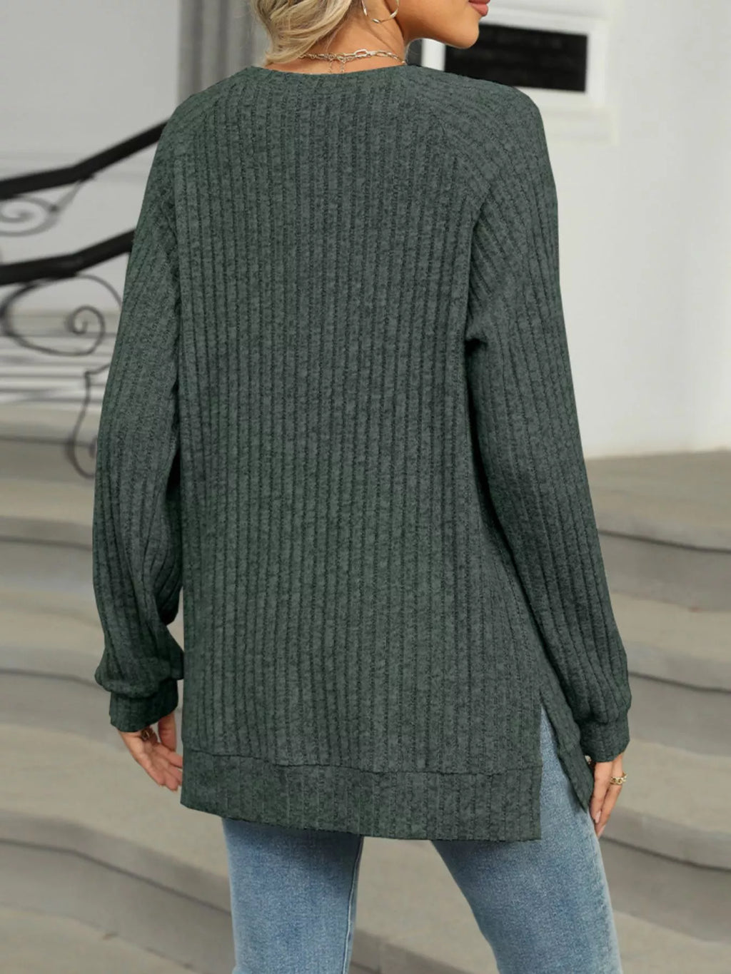 Round Neck Side Slit Ribbed Knit Top with Asymmetric Button Detail