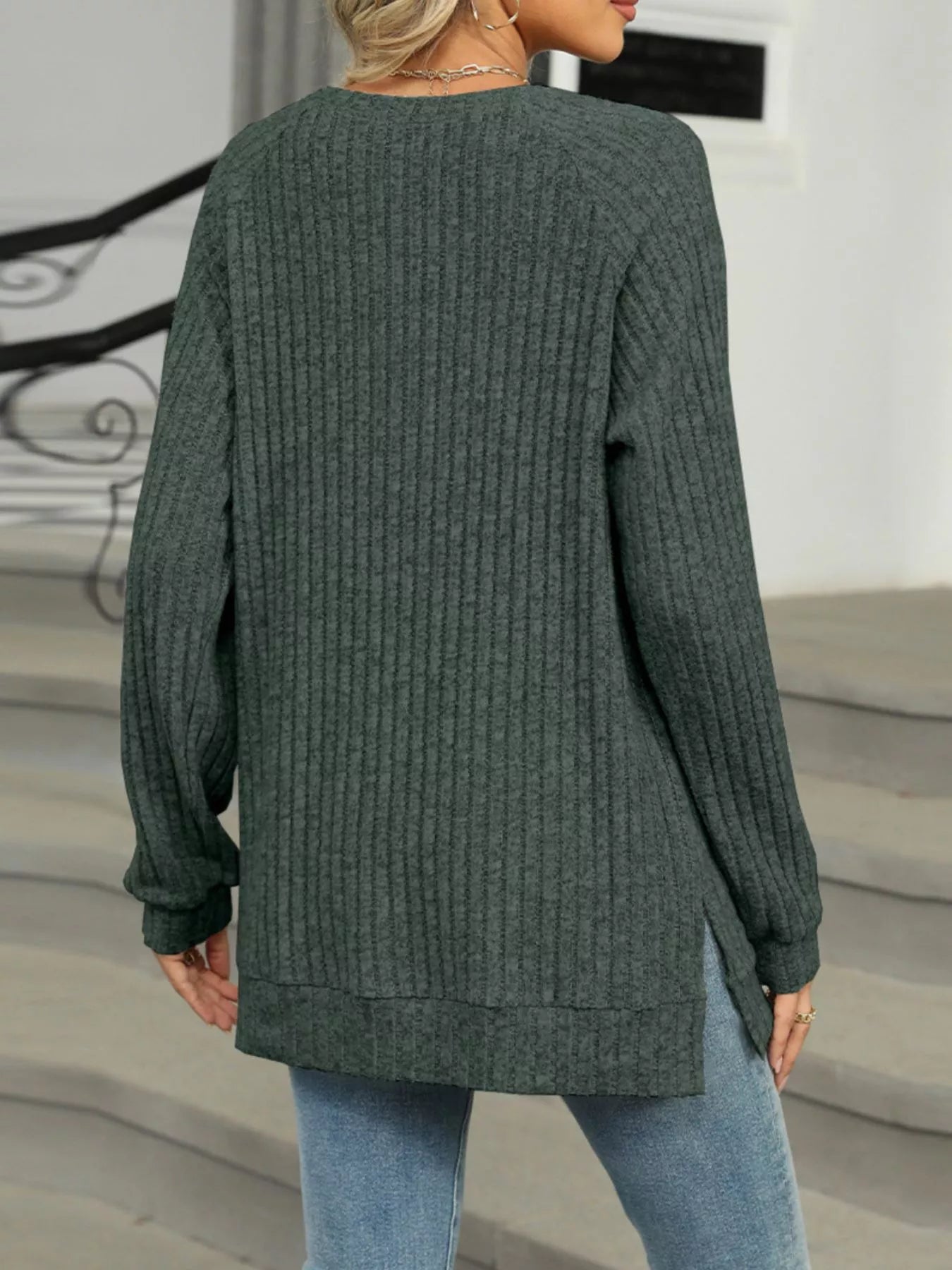 Round Neck Side Slit Ribbed Knit Top with Asymmetric Button Detail