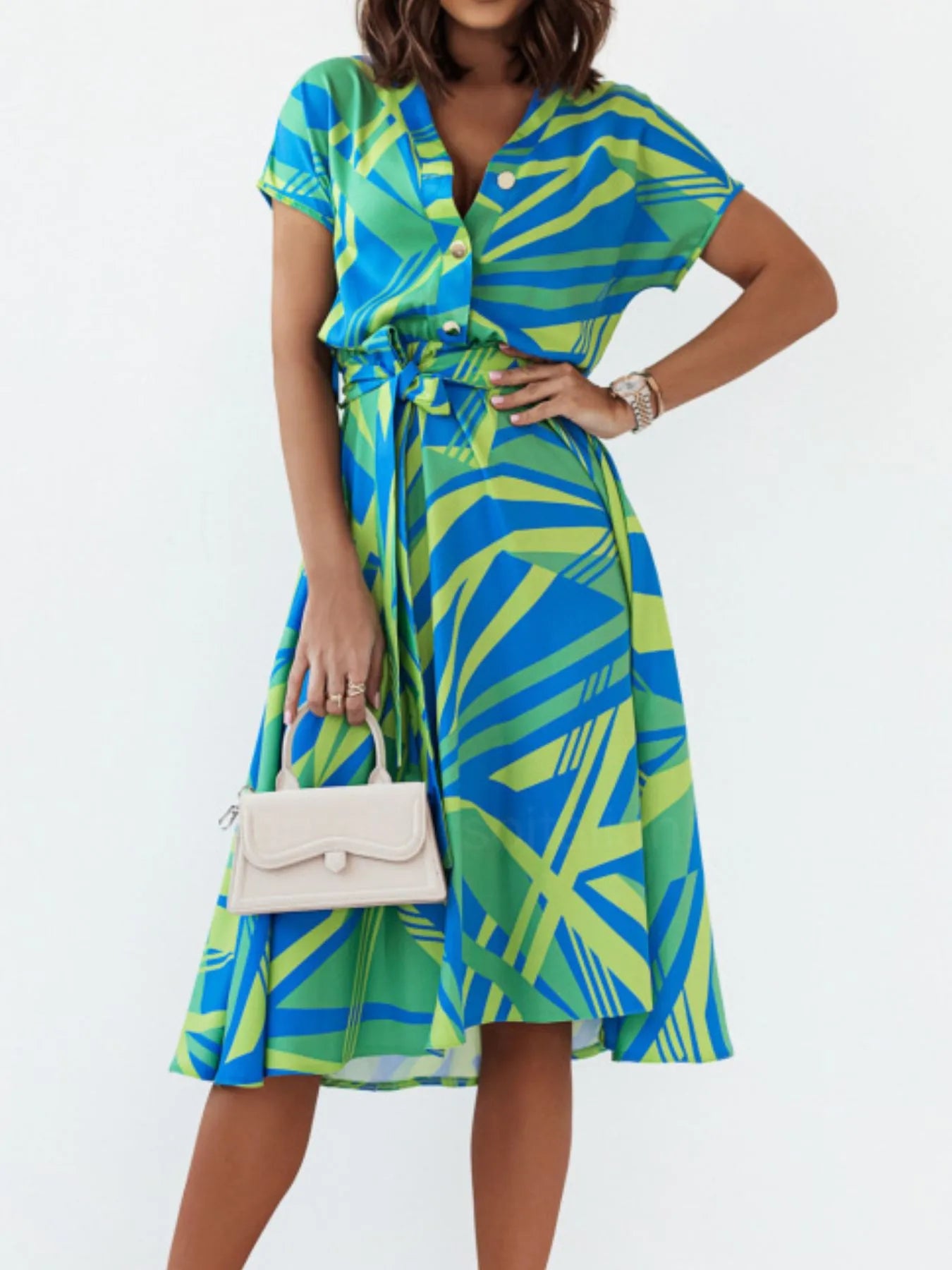 Printed Button Front Midi Dress with Belt