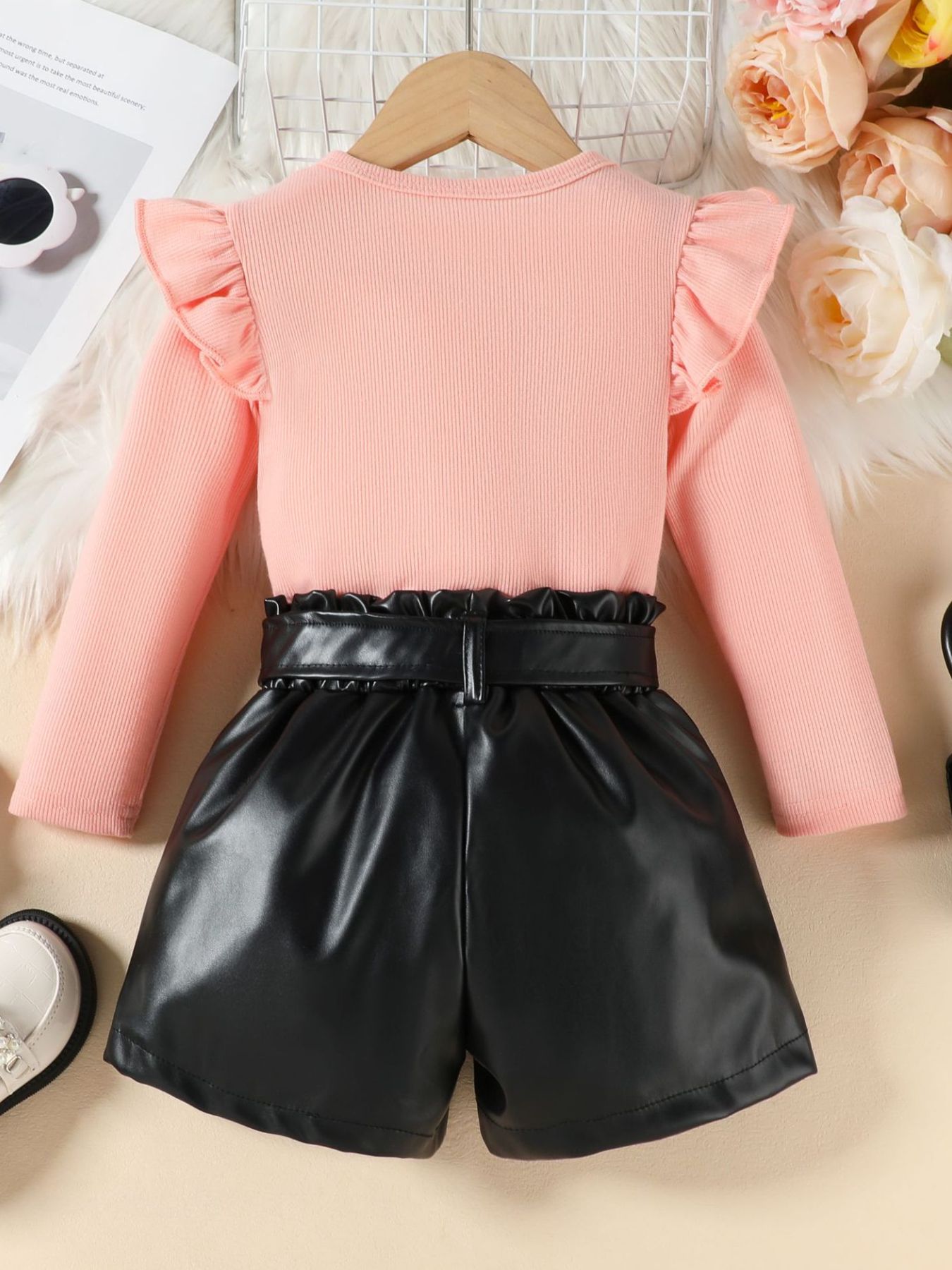 Children's Ruffled Pearl Embellished Top & Faux Leather Shorts Set with Belt