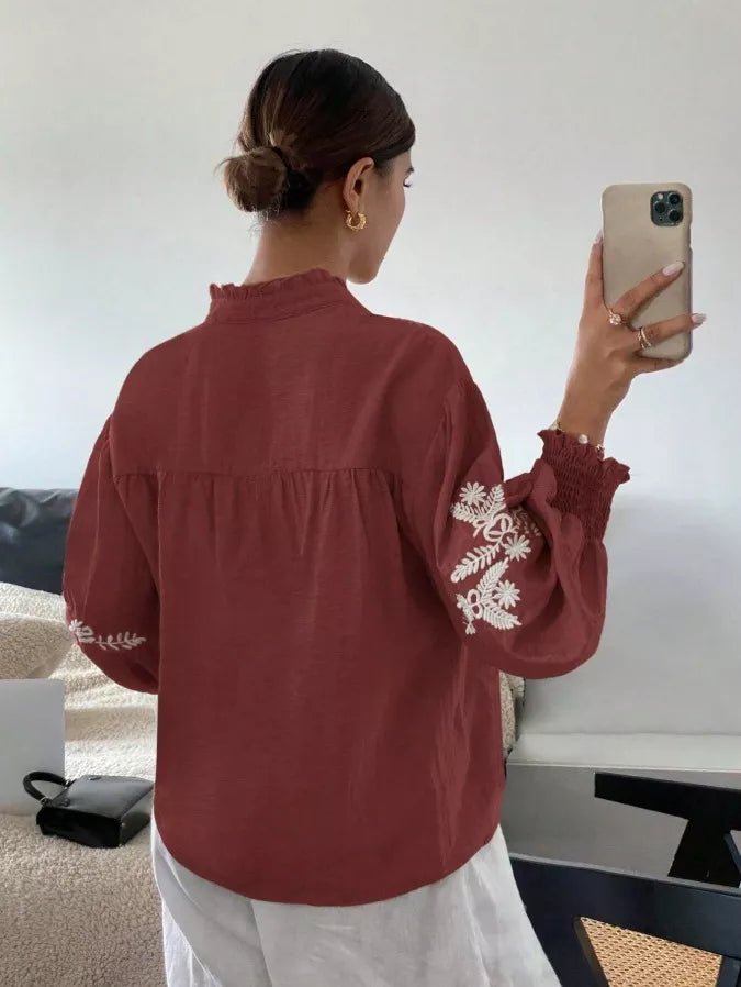 Embroidered Notched Long Sleeve Blouse