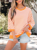 Stripe 3/4 Sleeve Exposed Seam Patchwork Pullover Top