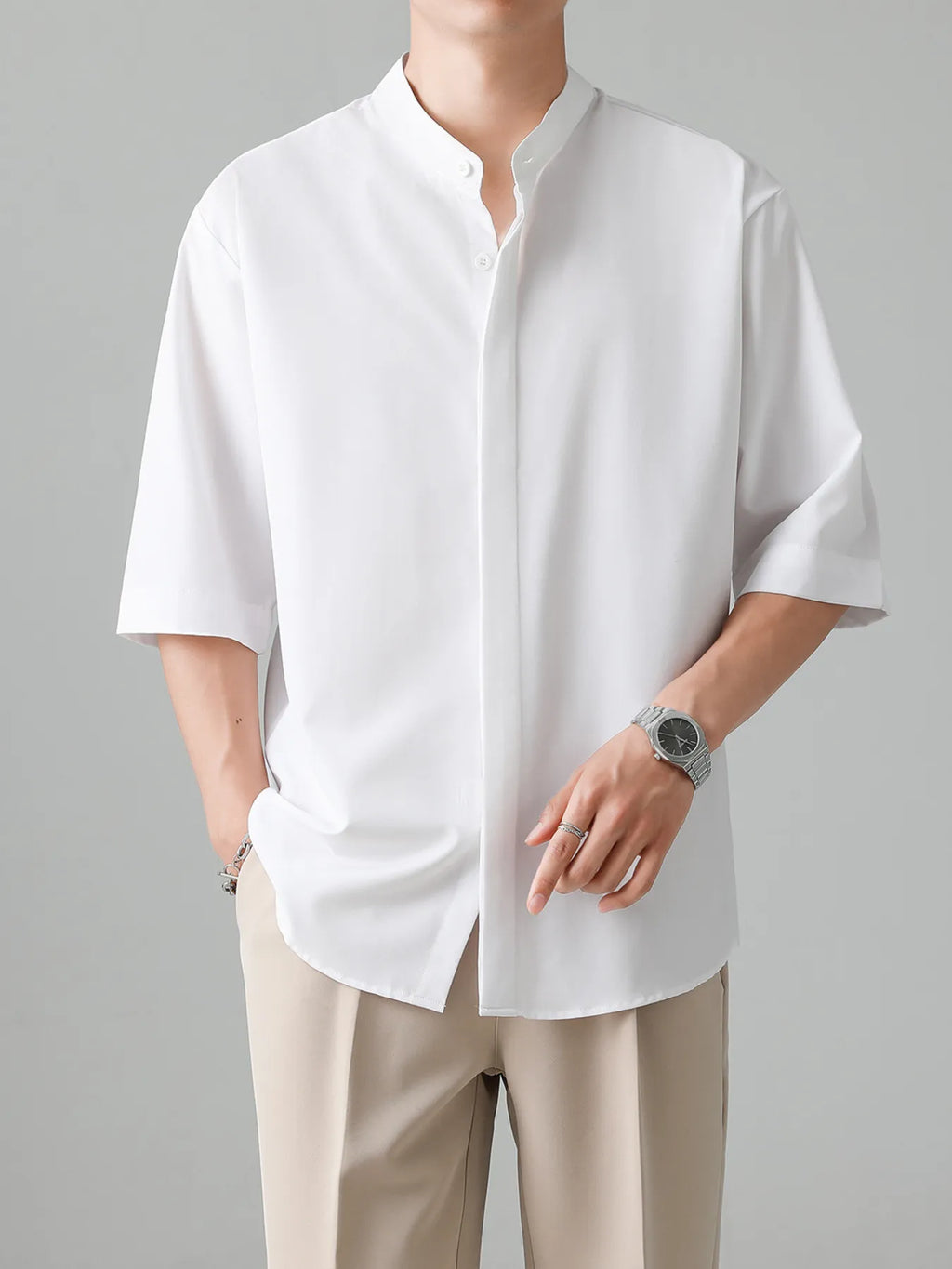 Men's Full Size Casual Mandarin Collar Half Sleeve Shirt Plus Size